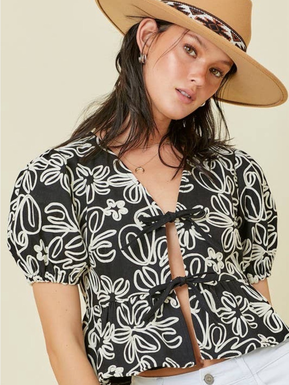 Main Strip Bowtique Peplum Puff Sleeve Crop Top